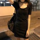 Short-sleeve Buttoned Fitted Mini T-shirt Dress Black - One Size