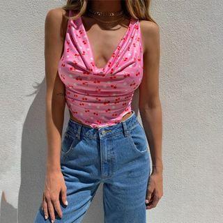V Neck Cherry Print Cropped Tank Top