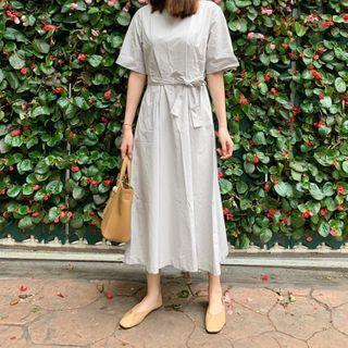 Elbow-sleeve Tie-waist Midi A-line Dress Light Gray - One Size