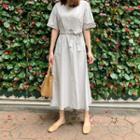 Elbow-sleeve Tie-waist Midi A-line Dress Light Gray - One Size