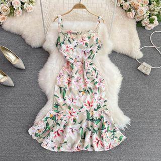 Sleeveless Lace Trim Floral Mermaid Dress