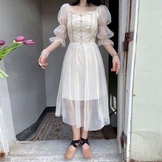 Off-shoulder Mesh-panel Lace Dress