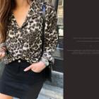 Notched-collar Leopard Shirt Brown - One Size