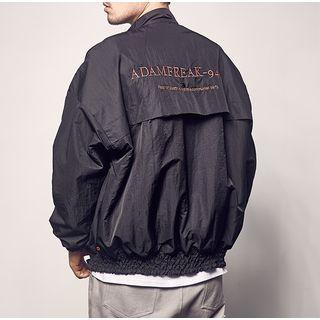 Mock Neck Lettering Embroidered Zip Jacket