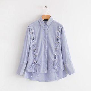 Long-sleeve Lace-up Striped Shirt