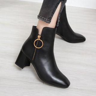 Genuine Leather Hoop Zipper Chunky Heel Booties