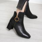 Genuine Leather Hoop Zipper Chunky Heel Booties