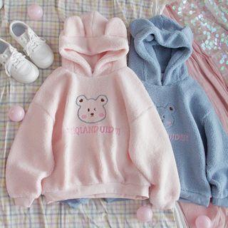 Cartoon Bear Embroidered Fleece Hoodie