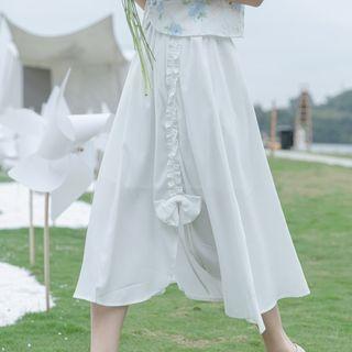 Ruffled Hem Ribbon Midi A-line Skirt White - One Size