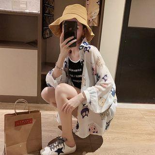 Cat Print Long-sleeve Chiffon Blouse