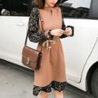 Mock Two-piece Long-sleeve Floral Print Panel A-line Knit Dress