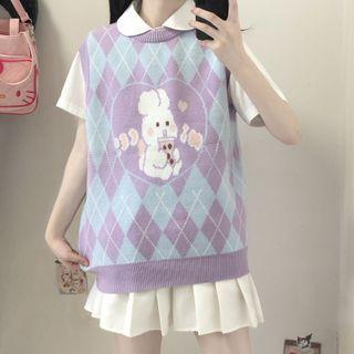 Rabbit Print Argyle Sweater Vest Purple & Blue - One Size