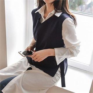 Set: Tie-side Knit Vest + Dip-back Shirtdress
