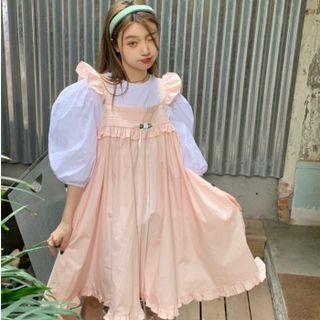 Puff-sleeve Plain Blouse / Ruffle Overall Dress