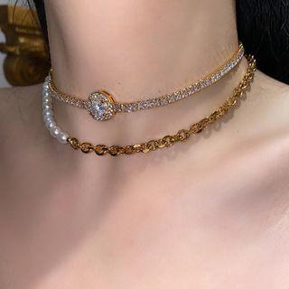 Rhinestone Faux Pearl Layered Choker My34001 - Gold - One Size