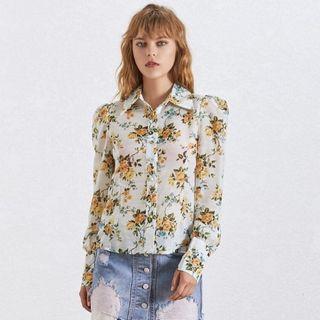 Long Sleeve Collared Floral Print Blouse