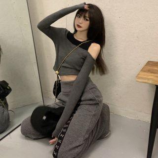 Long-sleeve Cold Shoulder Crop Top / Straight Leg Pants