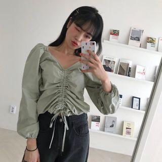 V-neck Drawstring Blouse Green - One Size