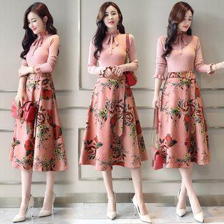 Set: Frill Collar Knit Top + Floral Print Midi A-line Skirt