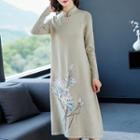 Long-sleeve Embroidered Midi Knit Dress