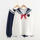 Cat Embroidered Sailor-collar Long-sleeve Top