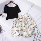 Set: Short-sleeve T-shirt + Floral Shorts As Shown In Figure - One Size