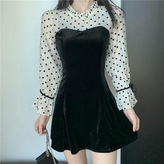Long-sleeve Dotted Panel Velvet Dress Black - One Size