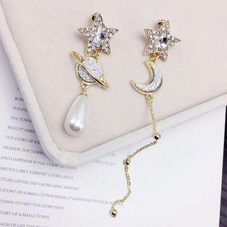 Non-matching Rhinestone Planet Moon & Star Faux Pearl Dangle Earring Gold - One Size