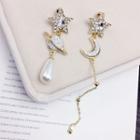 Non-matching Rhinestone Planet Moon & Star Faux Pearl Dangle Earring Gold - One Size