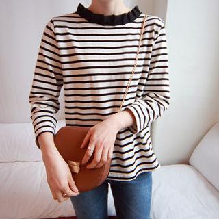 Frill-neck Stripe T-shirt
