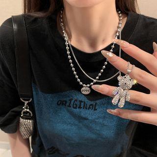 Rhinestone Bear Layered Necklace Silver - One Size