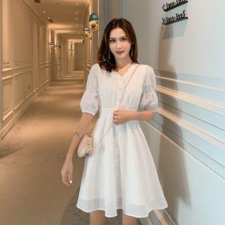 Short-sleeve Plain V-neck A-line Mini Dress