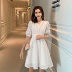 Short-sleeve Plain V-neck A-line Mini Dress