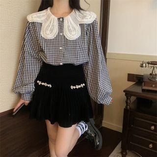 Eyelet Collar Gingham Blouse Gingham - Black & White - One Size