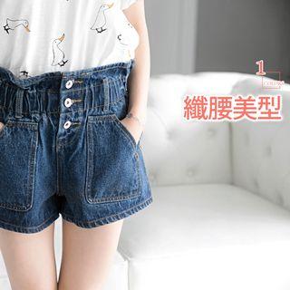 Smocked High-waist Denim Shorts