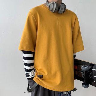 Mock Two-piece Long-sleeve Striped Paneled T-shirt