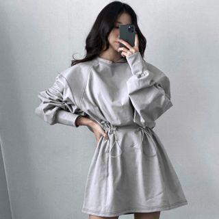 Long-sleeve Round Neck Drawstring Mini Sweatshirt Dress