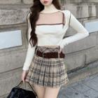 Mock-neck Cutout Knit Top / Camisole Top / Plaid A-line Skirt / Set