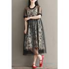 Set: Short-sleeve Sheer A-line Midi Dress + Floral Strappy A-line Dress