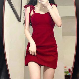 Bow Strap Plain A-line Mini Dress