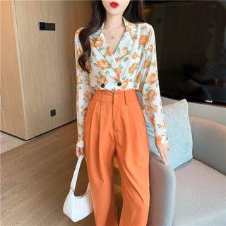 Floral Double-breasted Shirt / High Waist Loose Fit Dress Pants