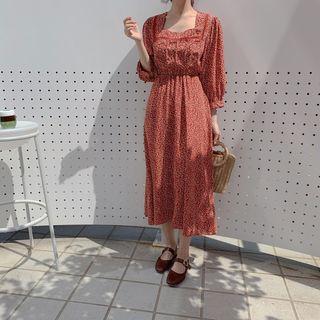 Square Neck Elbow-sleeve Floral Print Dress