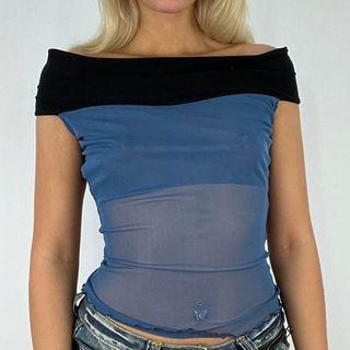 Off-shoulder Two-tone Mesh Top