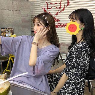 Plain V-neck Elbow-sleeve Shirt