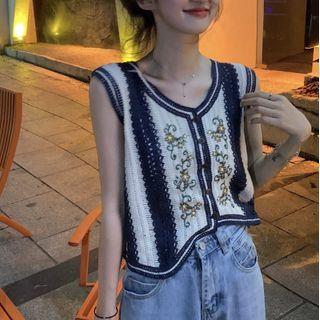 Floral Print Pointelle Knit Vest Vest - Green & Blue & White - One Size