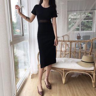 Short Sleeve Mesh Panel Silt-side Sheath Midi Dress