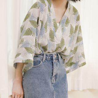Flared-sleeve Leaf Print Blouse / Camisole Top / Set