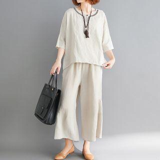 Set: 3/4-sleeve Embroidered Top + Wide-leg Cropped Pants