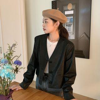 V-neck Welt-pocket Faux Leather Jacket Black - One Size
