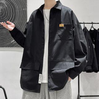 Long Sleeve Plain Applique Cargo Shirt